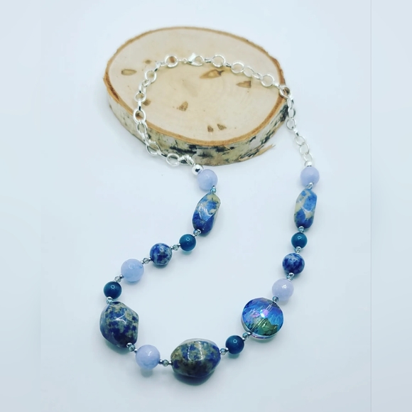 Sodalite, Aquamarine Quartz, Stainless steel chain necklace - Picture 1 of 4